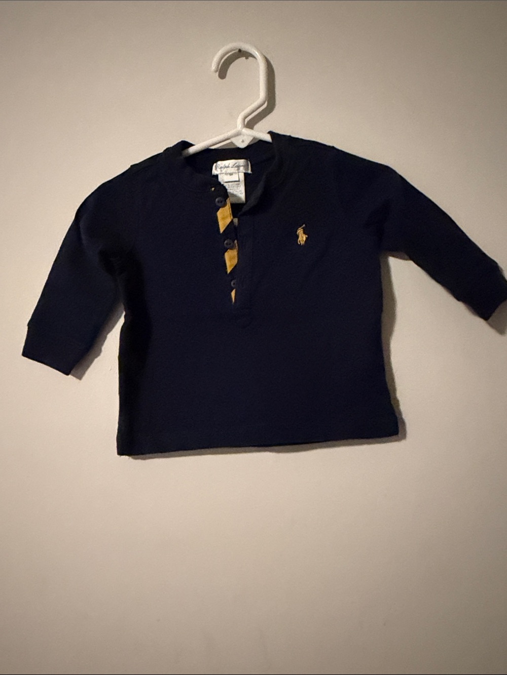 Ralph Lauren Navy Long Sleeve Henley with Gold Polo Logo